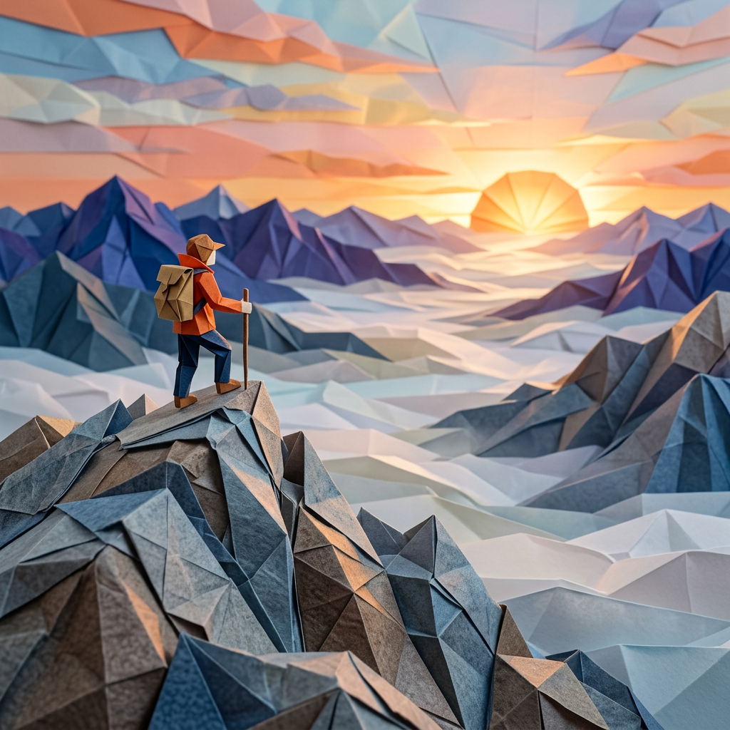 Paper origami figure hiking on mountain with sunrise in background