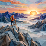 Paper origami figure hiking on mountain with sunrise in background