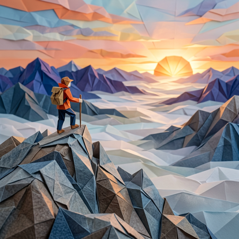 Paper origami figure hiking on mountain with sunrise in background