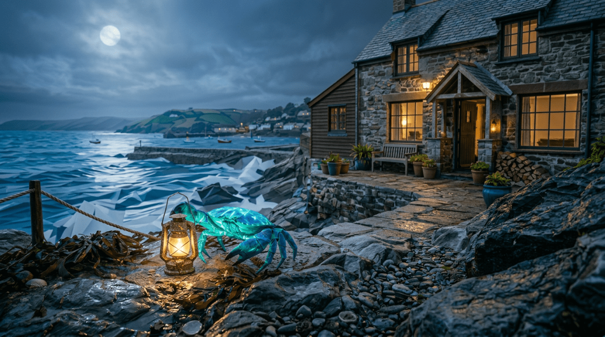 Blue glowing crab holding lantern on rocky path near stone cottage by seashore at night